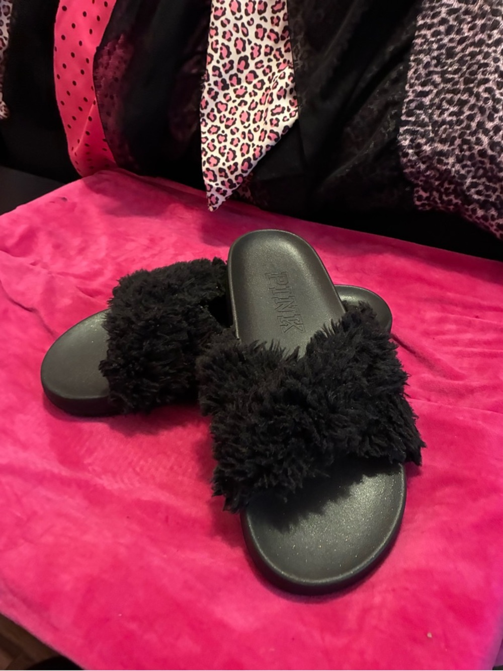 PINK Victoria's Secret Black Fuzzy Slide Sandals